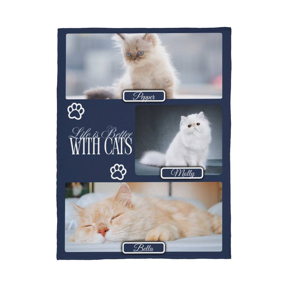 🐾 Personalized Multi-Cat Photo Blanket | Custom Cat Fleece Blanket | 2-5 Cats Names & Photos