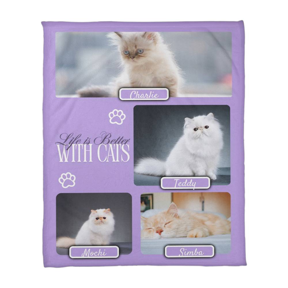 Personalized Multi-Cat Photo Blanket - Custom Cat Collage Fleece Blanket - 2-5 Cats Names & Photos