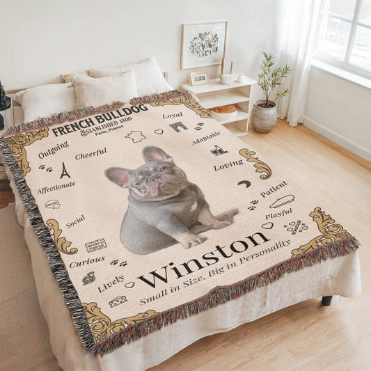 🐾 My Little Buddie Heirloom Woven Blanket – French Bulldog Edition - Gold Embellishment