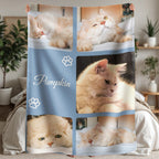 Blanket with images of a cat named 'Pumpkin' and paw prints on a light blue background.