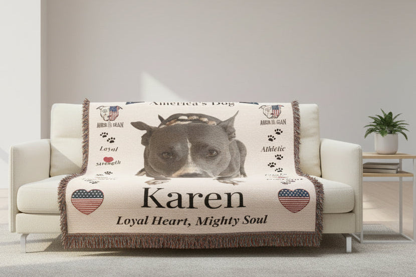 a blanket with a pitbull design and text about the breed. Personalize your woven blanket with your favorite picture of your Pittie with their name.