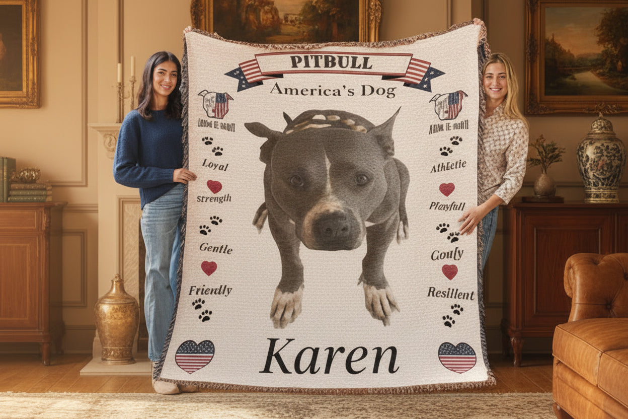 Two people holding a blanket with a pitbull design and text about the breed.Personalize your woven blanket with your favorite picture of your Pittie with their name.