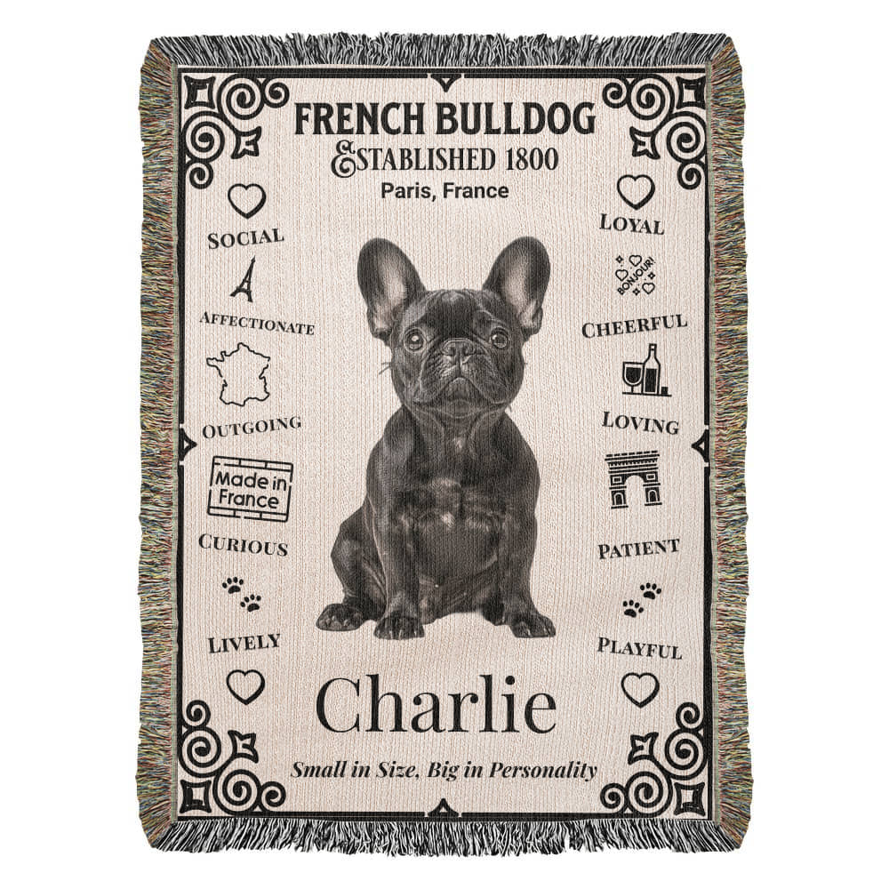 Woven blanket with a French Bulldog illustration and text on a white background.Personalized with your Frenchie's photo and name.