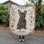 Person holding a French Bulldog-themed woven blanket with text and graphics. Personalized with your Frenchie's Name and photo,