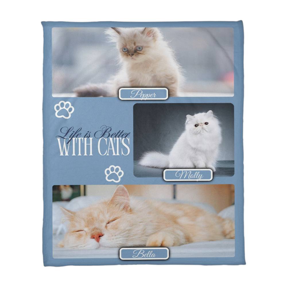 🐾 Personalized Multi-Cat Photo Blanket | Custom Cat Fleece Blanket | 2-5 Cats Names & Photos