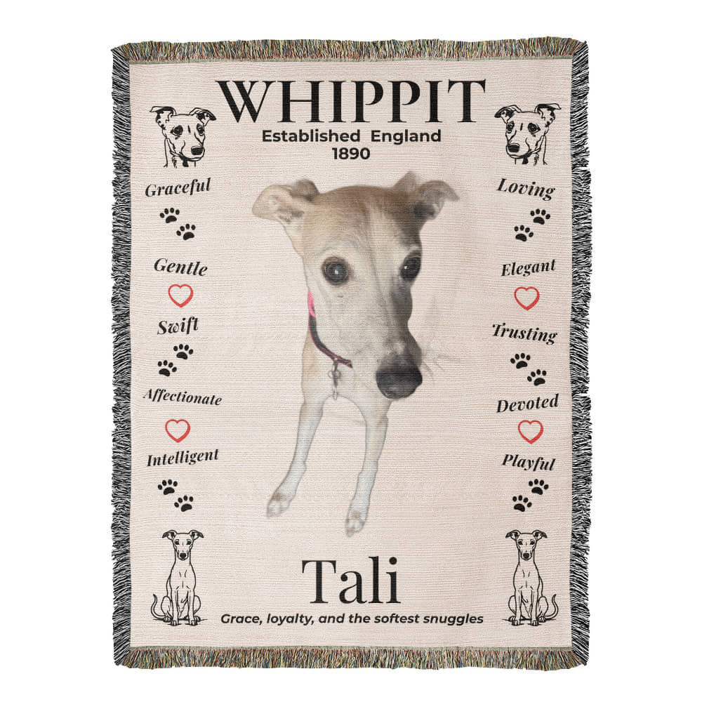Blanket with a whippet design, text, and illustrations on a beige background