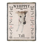Blanket with a whippet design, text, and illustrations on a beige background