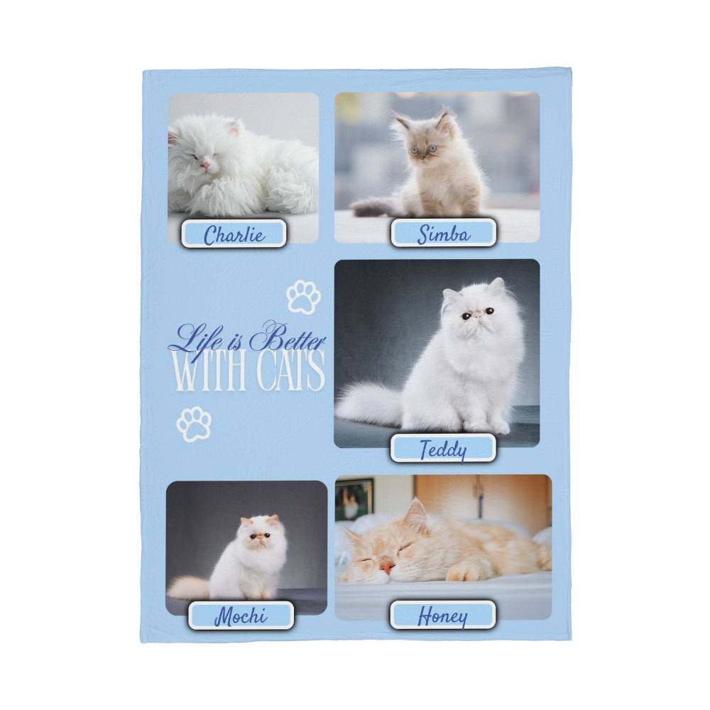 Personalized Multi-Cat Photo Blanket - Custom Cat Collage Fleece Blanket - 2-5 Cats Names & Photos