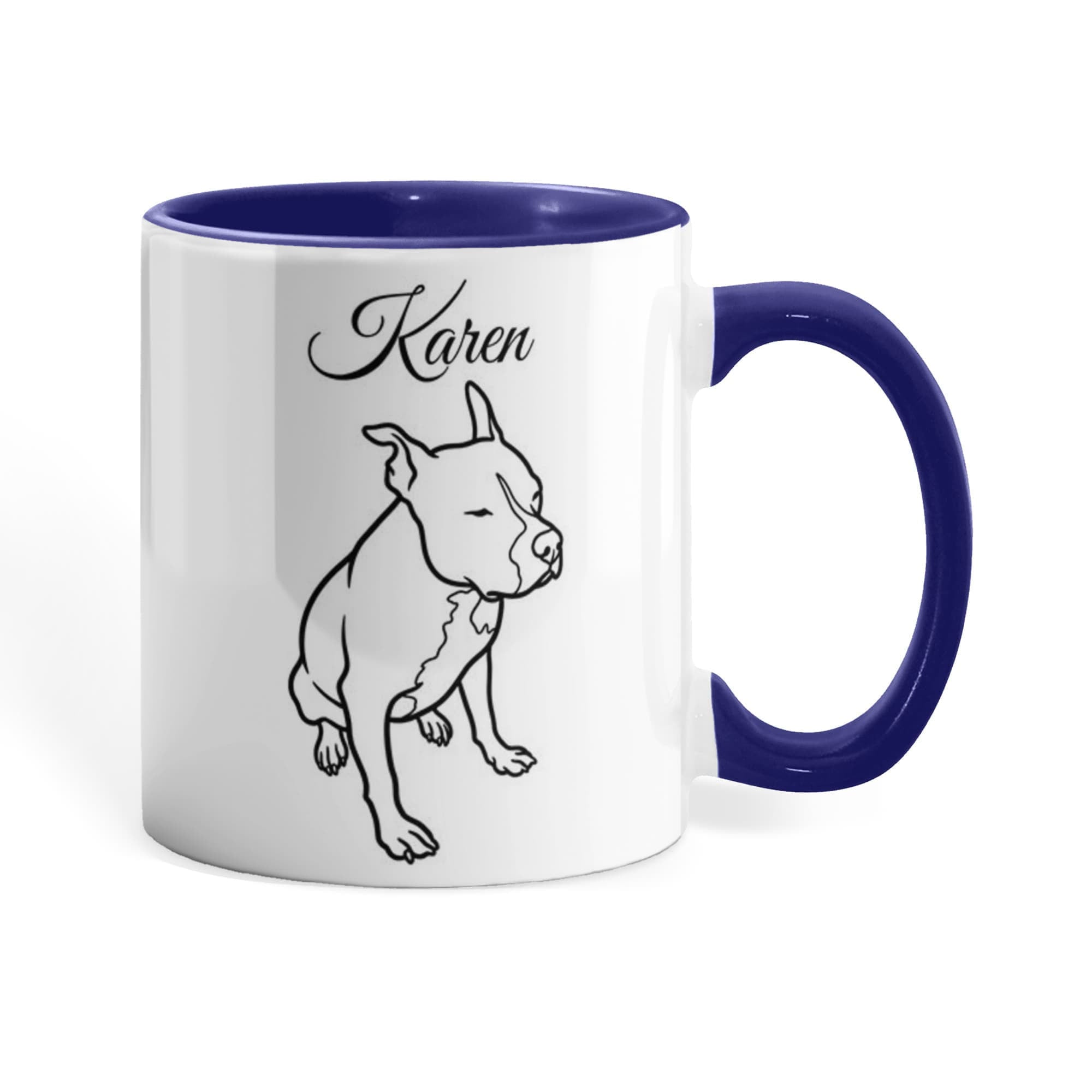 Mug with a dog illustration and 'Karen' text, white exterior and blue interior and handle.