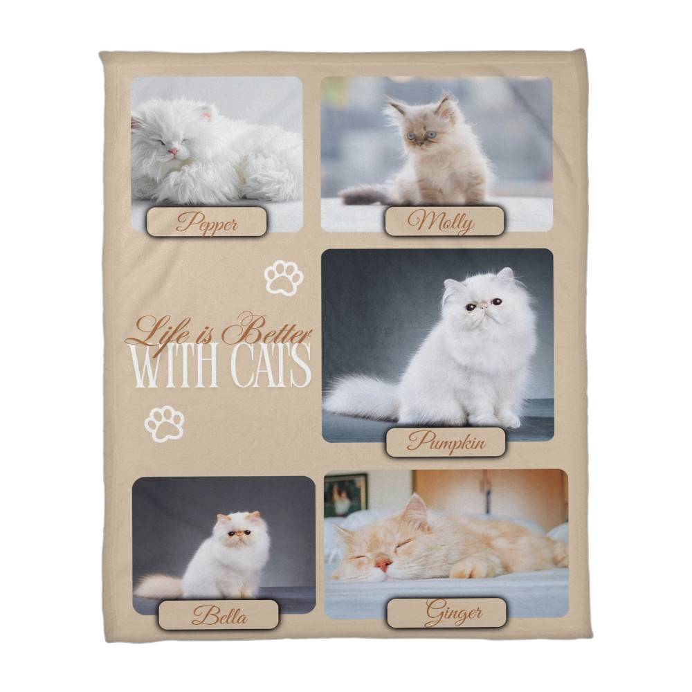 🐾 Personalized Multi-Cat Photo Blanket | Custom Cat Fleece Blanket | 2-5 Cats Names & Photos