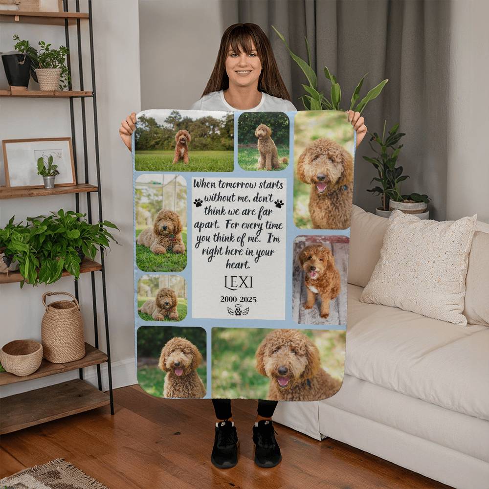 Person holding a blanket with multiple images of a dog and text in a living room.