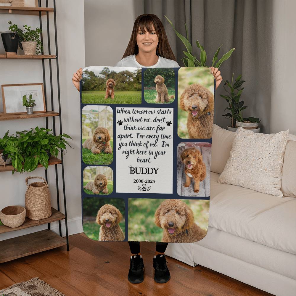 Person holding a blanket with a dog's photo collage and text in a living room.