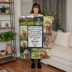 Person holding a blanket with a dog's photo collage and text in a living room.