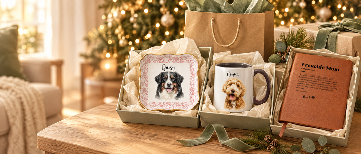 Personalized pet portrait ring dish, dog portrait mug and leather journal just unwrapped on a coffee table in front of a Christmas tree