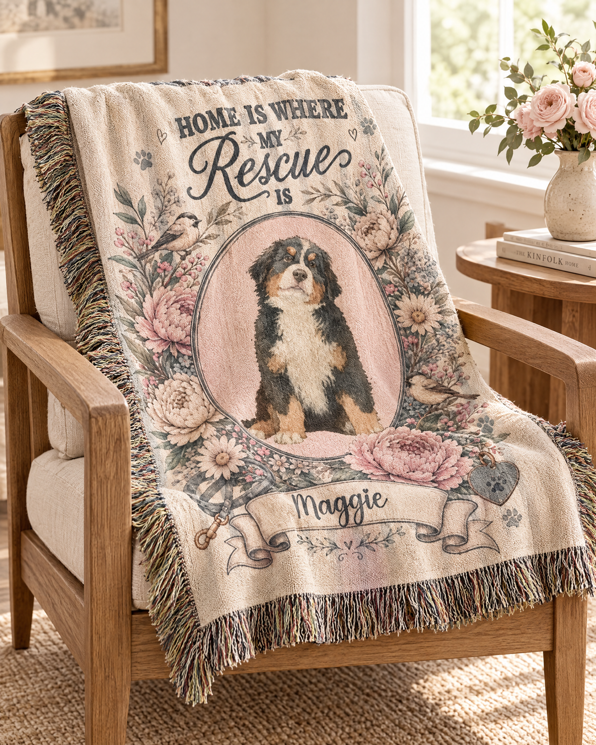 Personalized Home Is Where My Rescue Is floral watercolor woven blanket draped softly over an oak armchair
