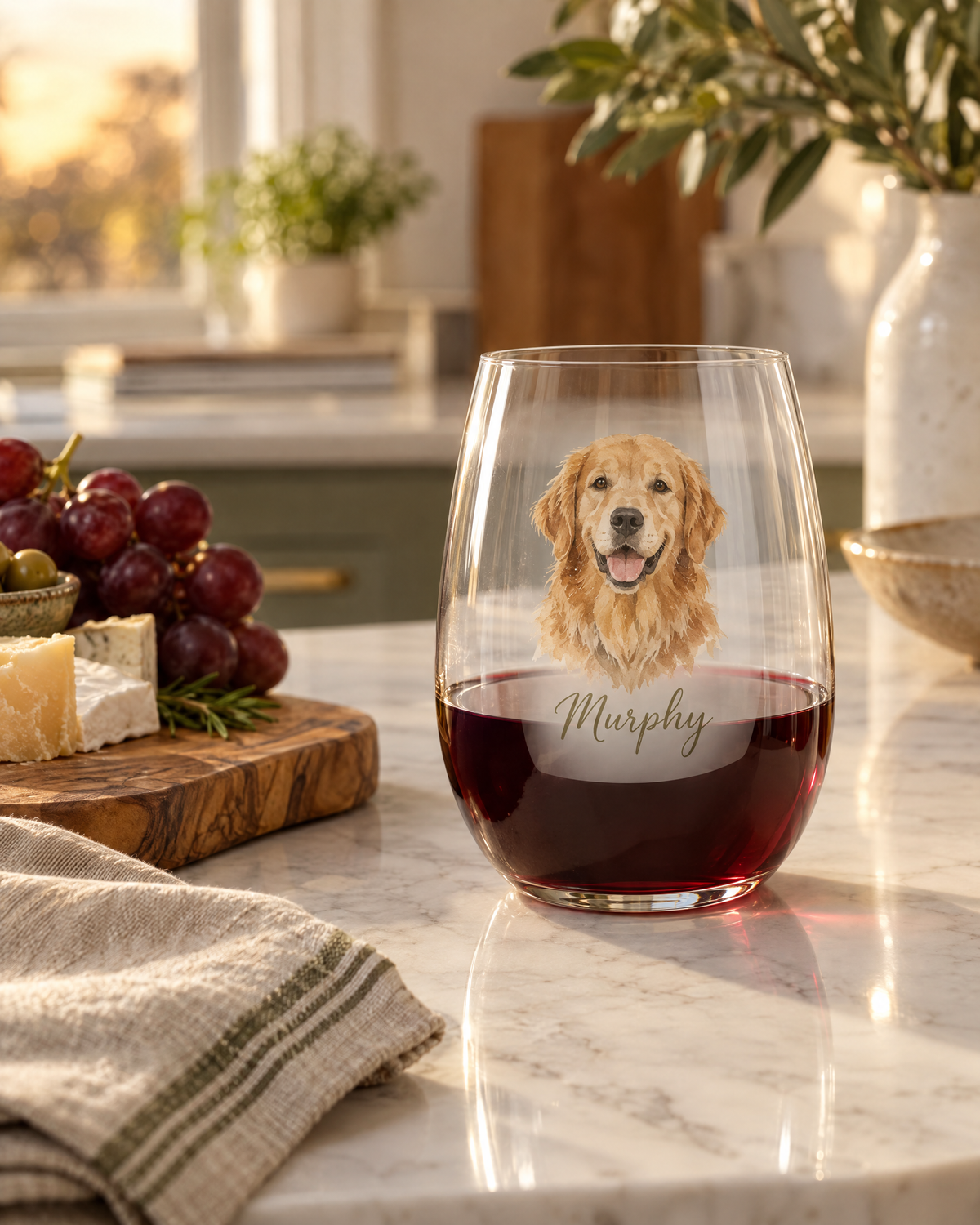 Personalized stemless wine glass with a watercolor golden retriever portrait on a marble counter