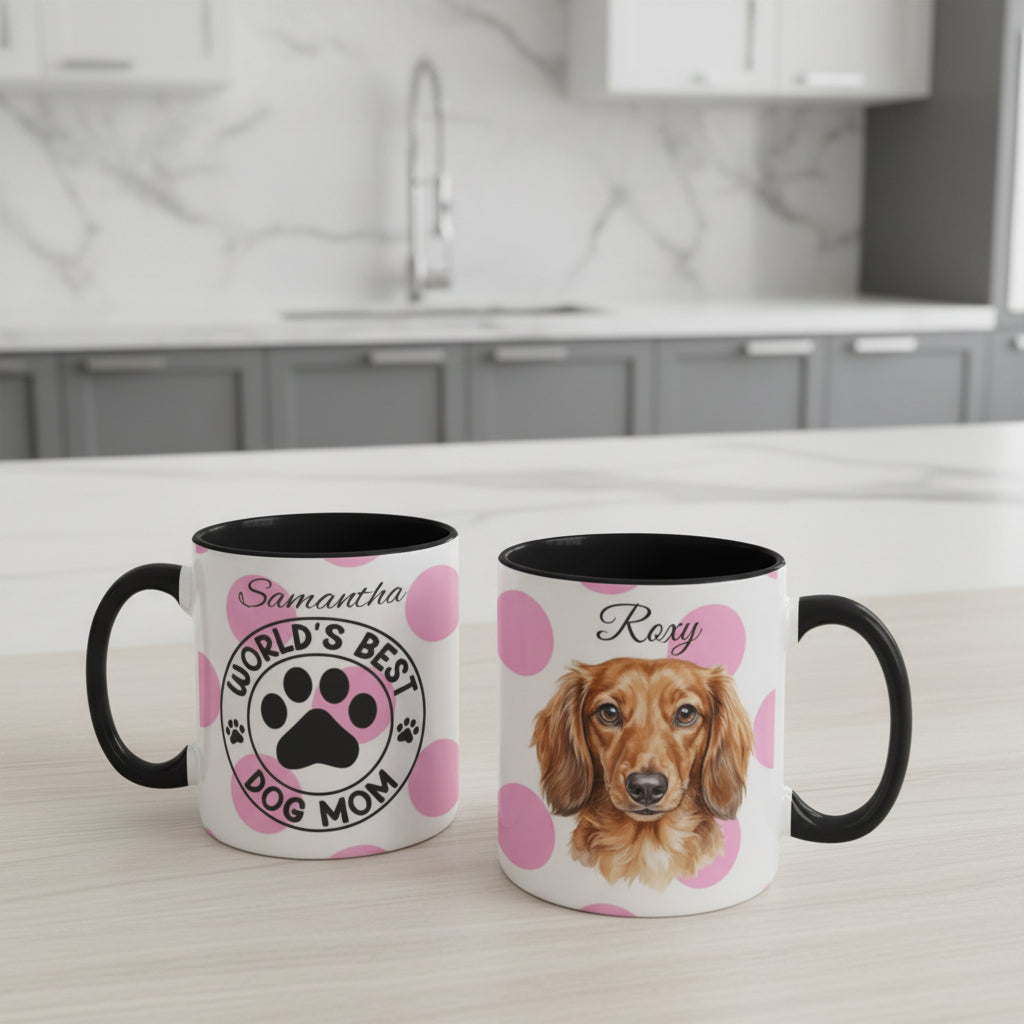 Two mugs with personalized designs on a kitchen counter.
