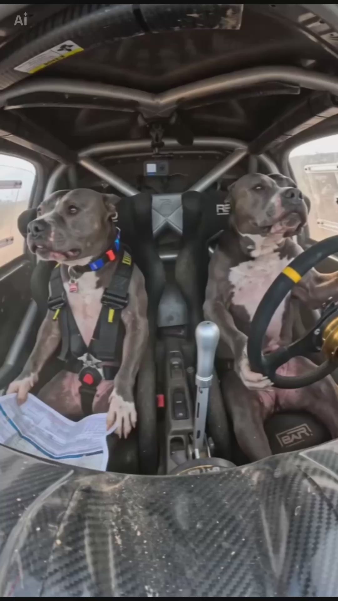 Karen and another pup buckled into an off-road side-by-side, ready for a ride