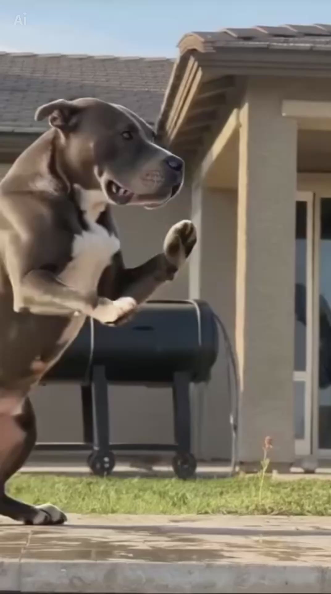 Karen the pit bull standing on her back legs, busting out a dance move on the patio