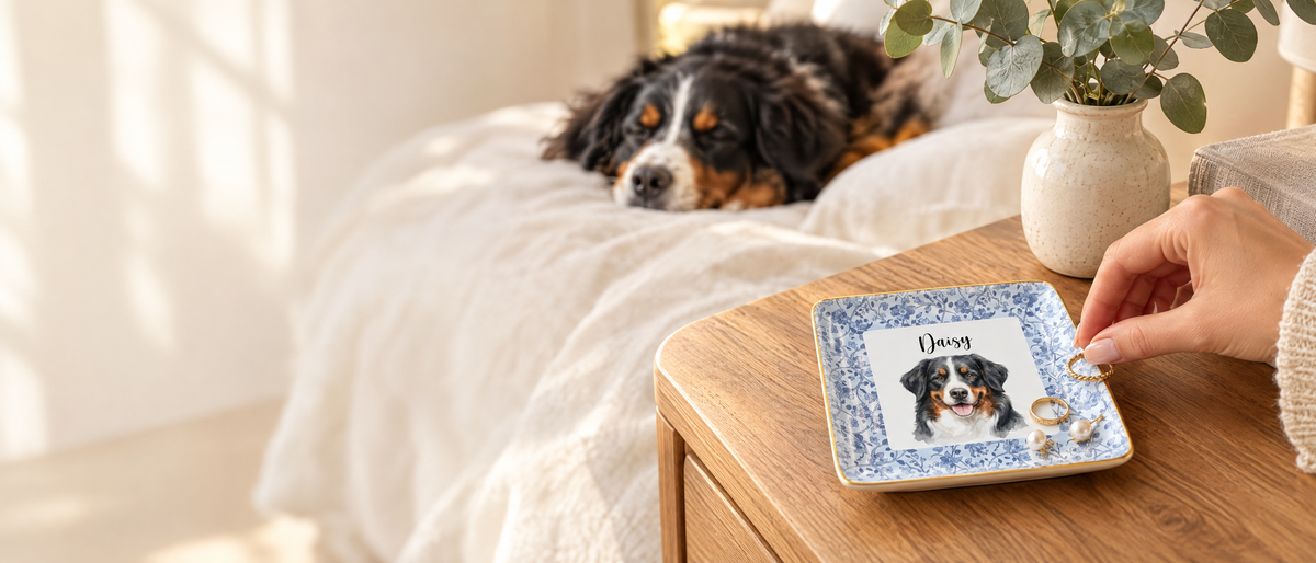 Woman placing a gold ring into a personalized watercolor dog portrait ring dish on a nightstand while her Bernese Mountain Dog naps on the bed