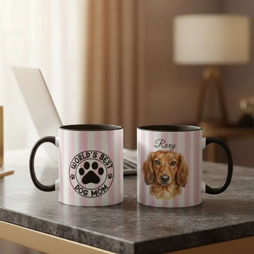 Two mugs with personalized designs on a light surface with decorative elements.